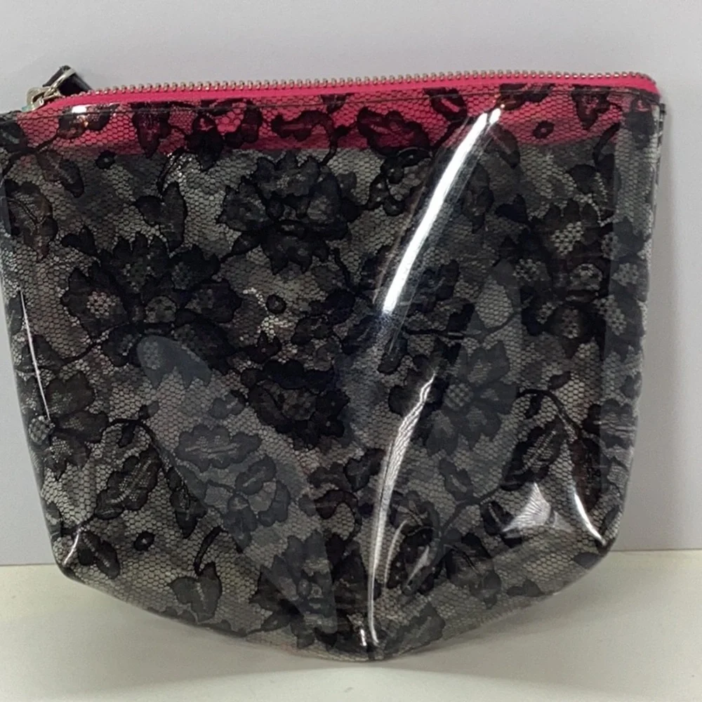 Victoria's Secret Black and Pink Cosmetic Bag with Lace Overlay